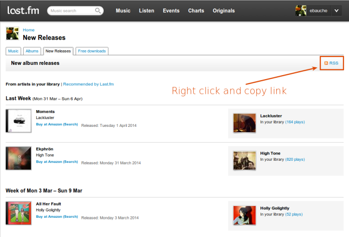 Find the RSS feed link in your last.fm new releases tab