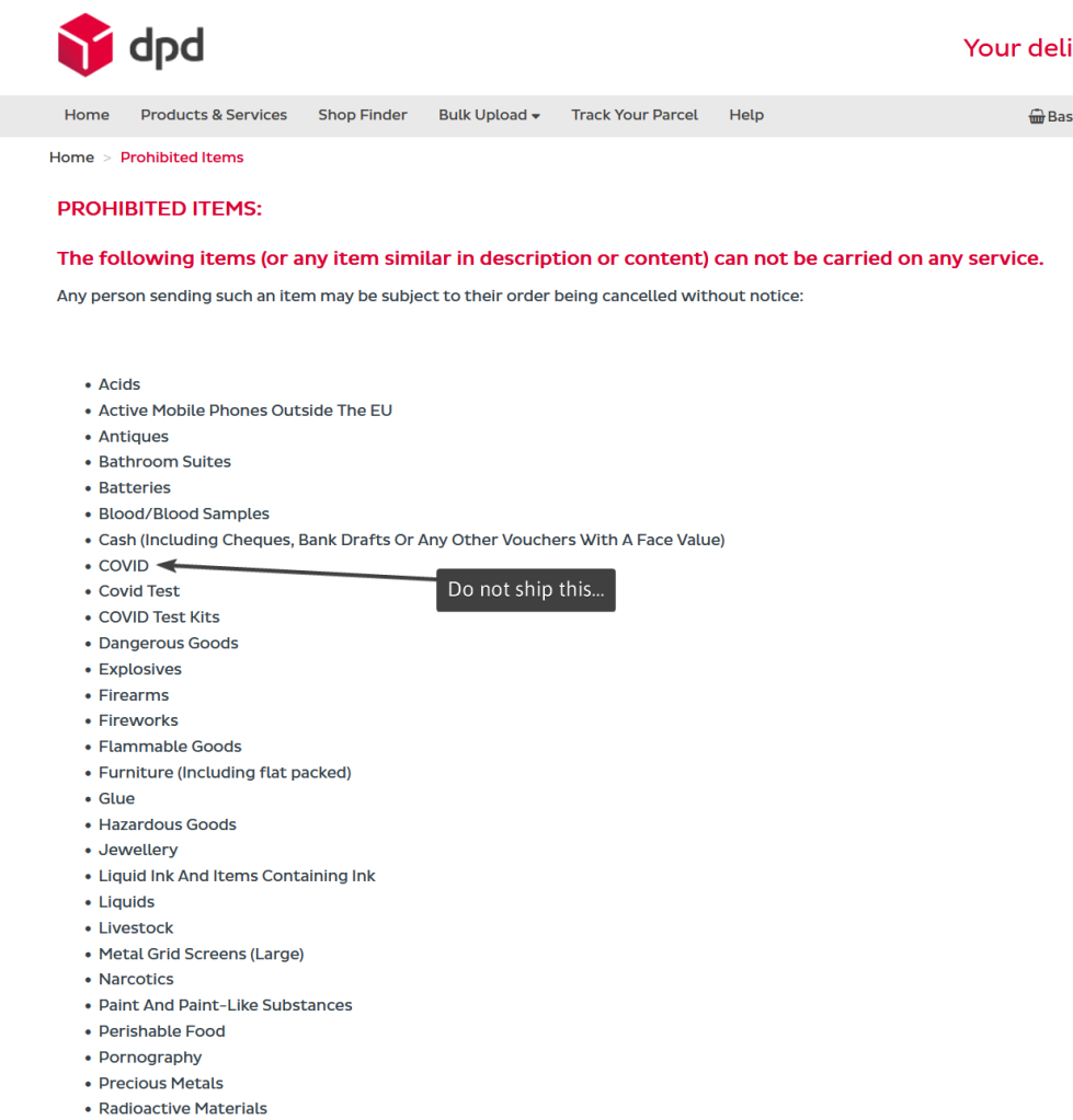A screenshot of the Irish DPD website showing a list of items which a prohibited for shipping. Highlighted on the list is one line item: COVID.